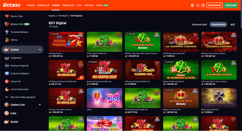 Selecția de sloturi Bell Link și Clover Chance de la EGT Digital în Betano Casino România