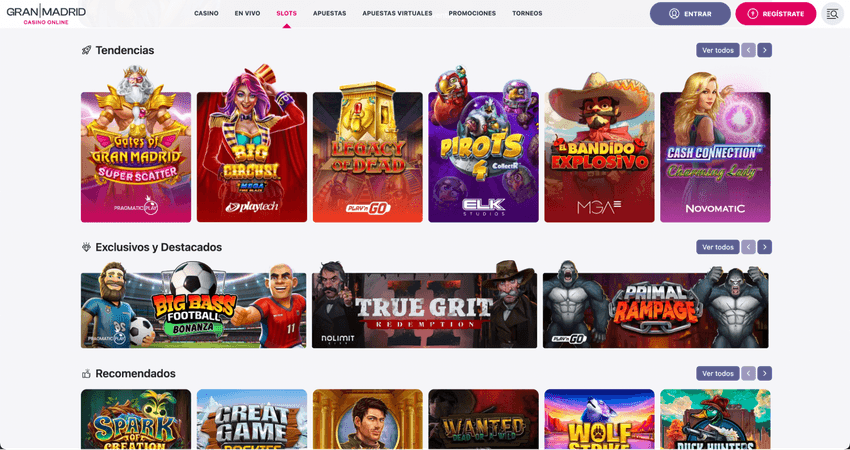 Secciones de tendencias, juegos exclusivos y tragamonedas recomendadas en Gran Madrid Casino