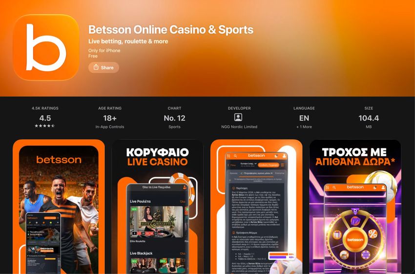 Εφαρμογή Betsson για iPhone Η εφαρμογή Betsson Online Casino & Sports στο App Store για iPhone, με βαθμολογία 4,5/5, ηλικιακή ένδειξη 18+ και στιγμιότυπα από στοίχημα και Live Casino.