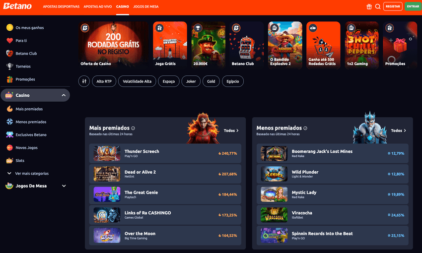 Secção de casino no site betano.pt