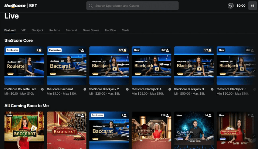Screenshot of theScore Bet live games section