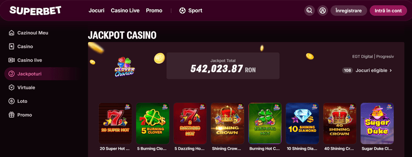 Secțiunea Superbet cu jackpoturi și sloturi disponibile