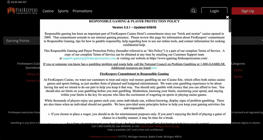 Screenshot of FireKeepers responsible gambling page
