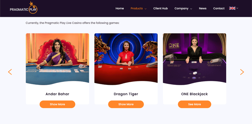 Live παιχνίδια της Pragmatic Play με Andar Bahar, Dragon Tiger και ONE Blackjack στην επίσημη σελίδα του παρόχου.