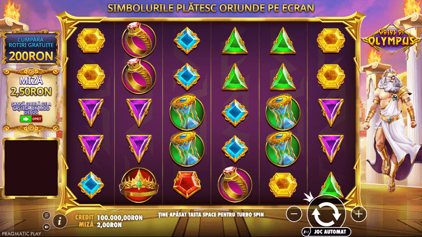 Interfața slotului Gates of Olympus de la Pragmatic Play, cu role, simboluri colorate și opțiunea de cumpărare a rotirilor gratuite.