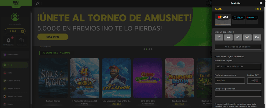 Métodos de pago en 888casino España Sección de depósito en 888casino con métodos de pago como Visa, Mastercard, Bizum y Paysafecard.