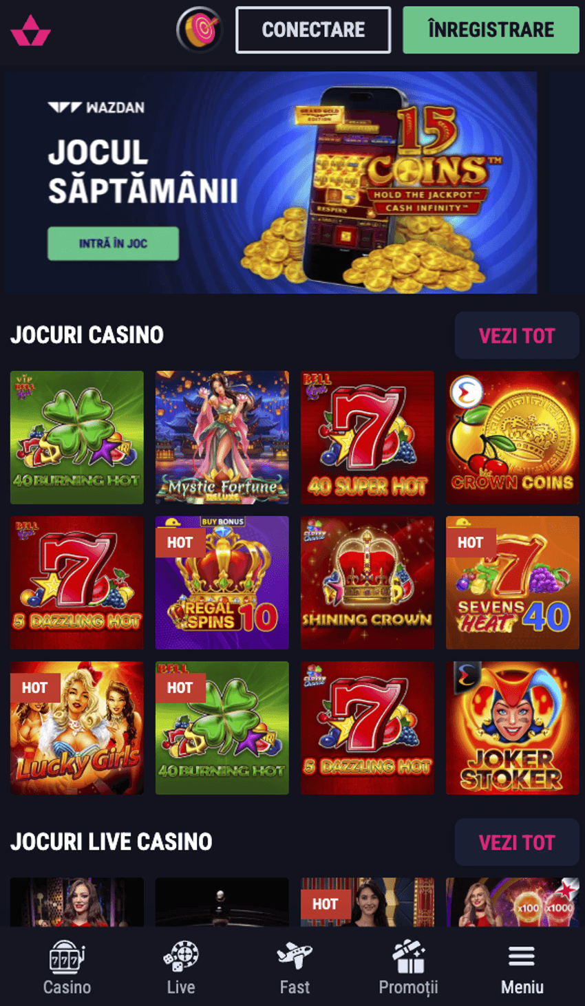 Versiunea mobilă Favbet Casino cu sloturi, live casino și acces la promoții