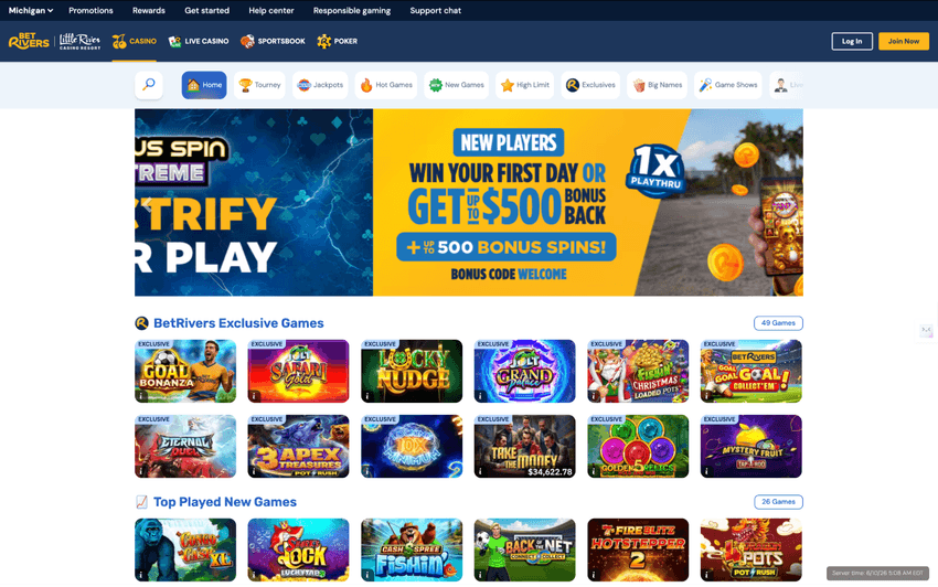 BetRivers Online Casino Michigan homepage featuring casino games, promotions, and navigation menu