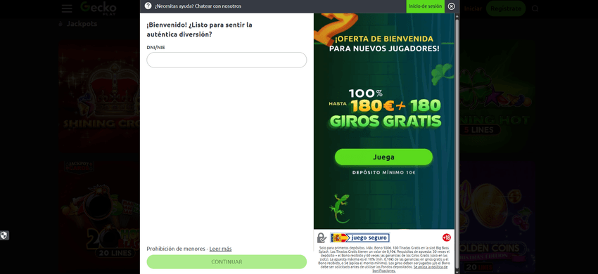 Registro de cuenta en GeckoPlay Casino Formulario de registro de GeckoPlay Casino con campo para DNI o NIE