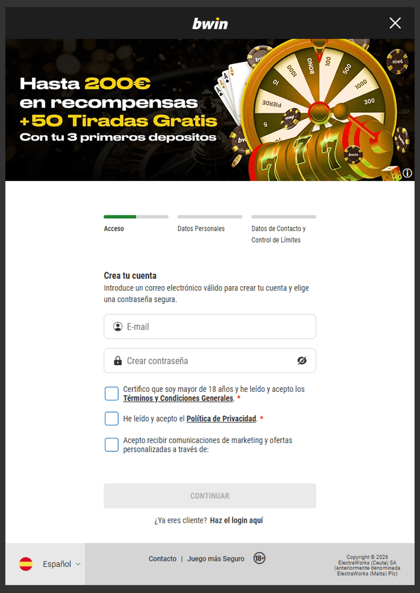 Formulario de registro en bwin con campos de email y contraseña