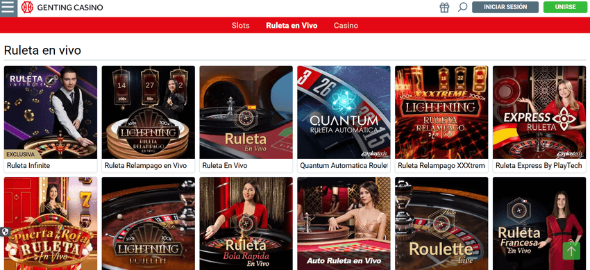 Catálogo de ruleta en vivo de Genting Casino con mesas de Playtech y Evolution