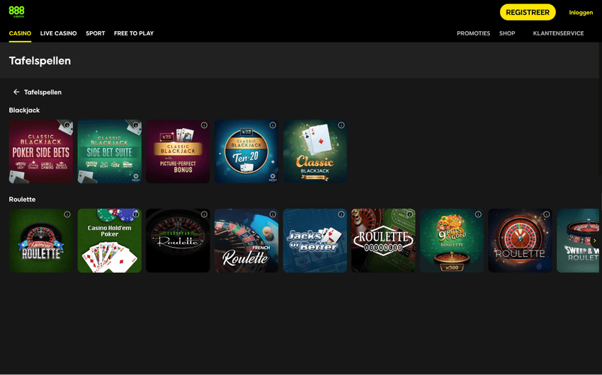 Tafelspellen bij 888 Casino zoals roulette en blackjack Screenshot van de tafelspellenpagina van 888 Casino met roulette en blackjack