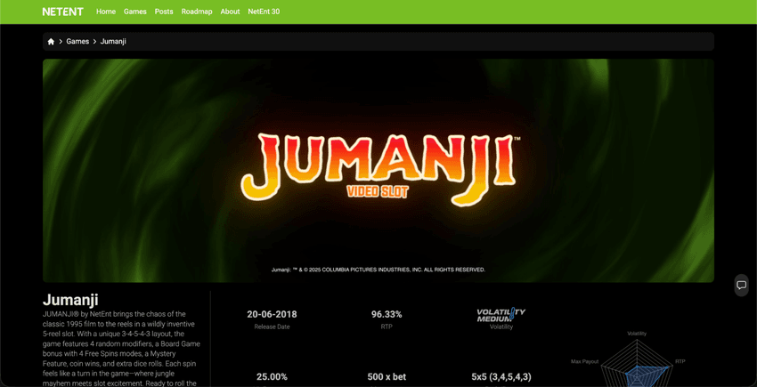 NetEnt – slotul Jumanji Pagina oficială NetEnt pentru slotul Jumanji, cu informații despre RTP și volatilitate