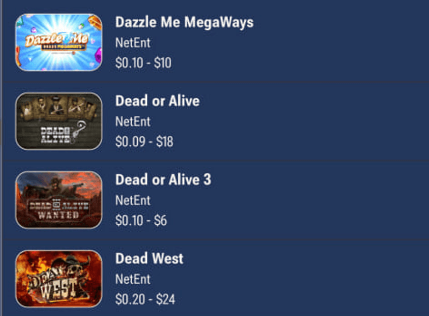 NetEnt slots at Horseshoe including Dazzle Me MegaWays, Dead or Alive and Dead or Alive 3