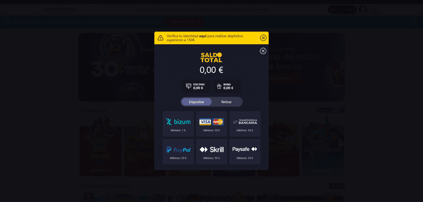 Métodos de pago Gran Casino Madrid Ventana de depósito en Gran Casino Madrid con métodos como Bizum, Visa, PayPal, Skrill y transferencia bancaria.