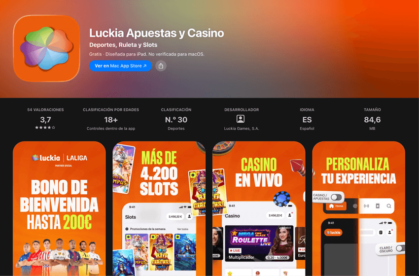Aplicación oficial de Luckia para iPhone y iPad disponible en la App Store.