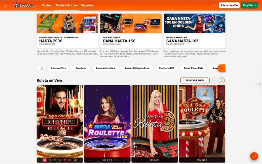 Sección de ruleta en vivo en LeoVegas con mesas de casino en directo