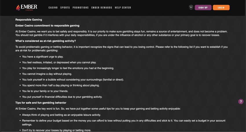 Ember Casino responsible gambling page outlining safer gambling guidance and player protection tools.