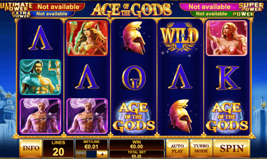 Age of the Gods slot by Playtech showing the five-reel game screen and Greek god symbols