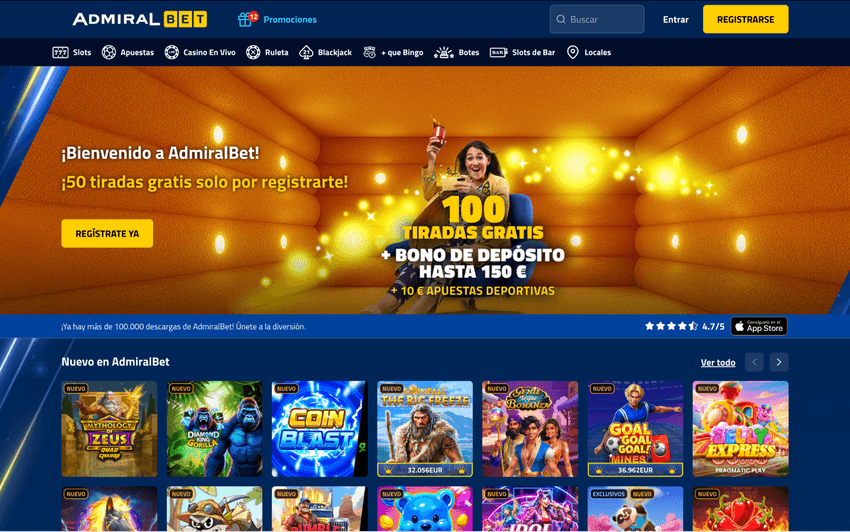 Página principal de AdmiralBet España Captura de la página principal de AdmiralBet España mostrando la oferta de bienvenida, las categorías de casino y apuestas, y una selección de juegos disponibles para los usuarios.