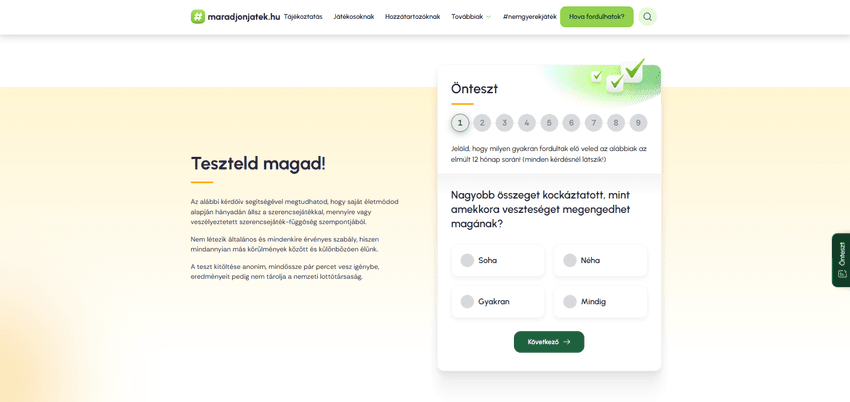 Maradjonjáték.hu önteszt kérdőív felülete