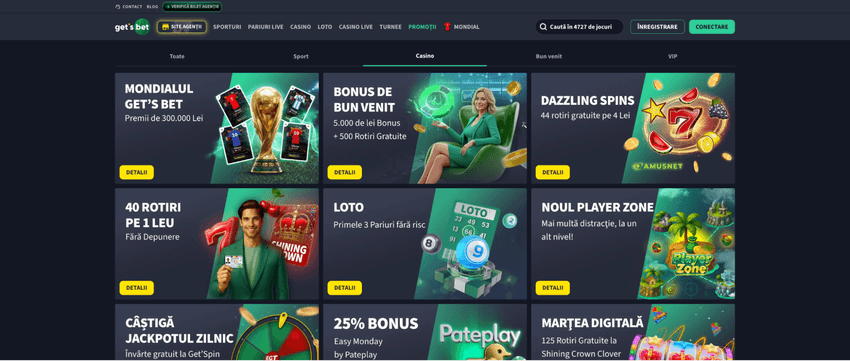 Pagina de promoții GetsBet Casino cu bonus de bun venit, rotiri gratuite și Player Zone