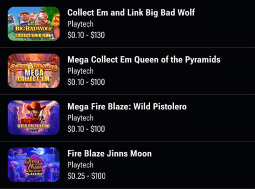 Playtech slots at Caesars Palace Casino, including Big Bad Wolf, Queen of the Pyramids, Wild Pistolero, and Jinns Moon
