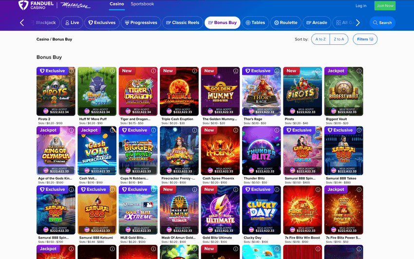 FanDuel MI Bonus Buy slots screenshot Screenshot of FanDuel Casino Michigan Bonus Buy slots section