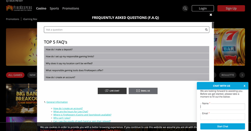 Screenshot of the contact page with live chat at FireKeepers Casino Michigan