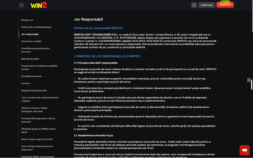 Pagina Win2 de joc responsabil și reguli pentru jucători