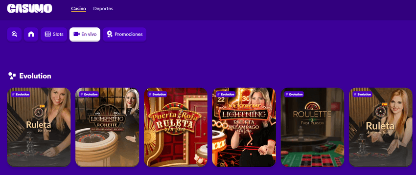 ruleta-en-vivo-evolution-casumo Sección de casino en vivo en la plataforma de Casumo mostrando un lobby con seis mesas de ruleta del proveedor Evolution Gaming, incluyendo Ruleta En Vivo, Lightning Roulette, Ruleta Puerta Roja y Roulette First Person.