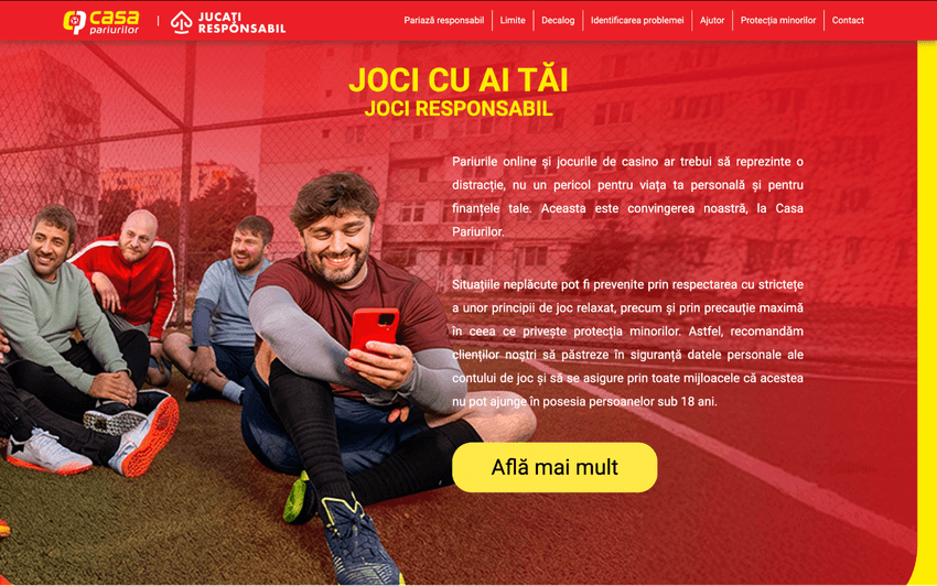 Casa Pariurilor joc responsabil banner Jucători care folosesc telefonul și mesaj despre joc responsabil Casa Pariurilor