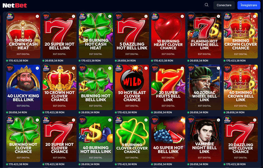 Jocuri EGT Digital la NetBet Catalog EGT Digital la NetBet cu Shining Crown Cash Heat, 20 Super Hot Bell Link, Burning Hot, Flaming Hot și Lucky King.