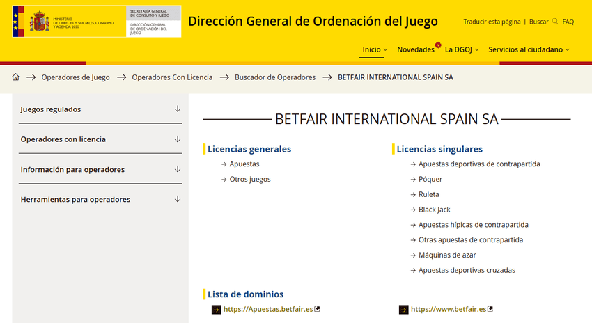 Captura de pantalla de la web oficial de la Dirección General de Ordenación del Juego (DGOJ) mostrando el listado de licencias generales y singulares vigentes de Betfair International Spain SA en España.