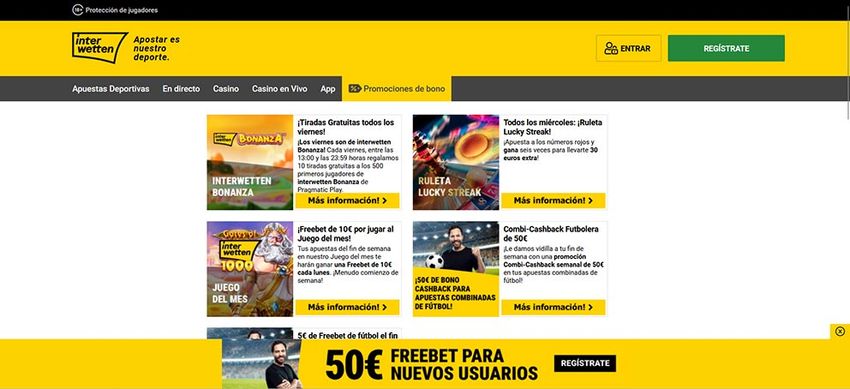 Sección de promociones Interwetten con bonos y ofertas activas