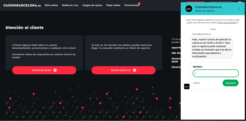 Servicio de atención al cliente de Casino Barcelona Página de atención al cliente de Casino Barcelona con acceso al centro de ayuda y formulario de contacto mediante chat.