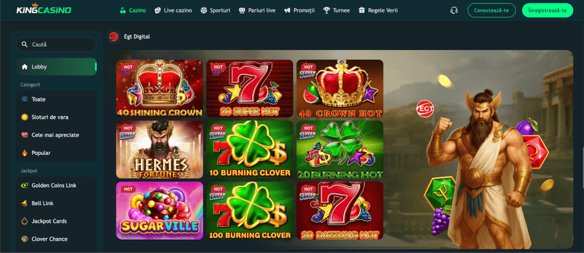 Jocuri EGT Digital la KingCasino Categorie EGT Digital la KingCasino cu jocuri precum 40 Shining Crown, 20 Super Hot, Hermes Fortunes și 20 Burning Hot.