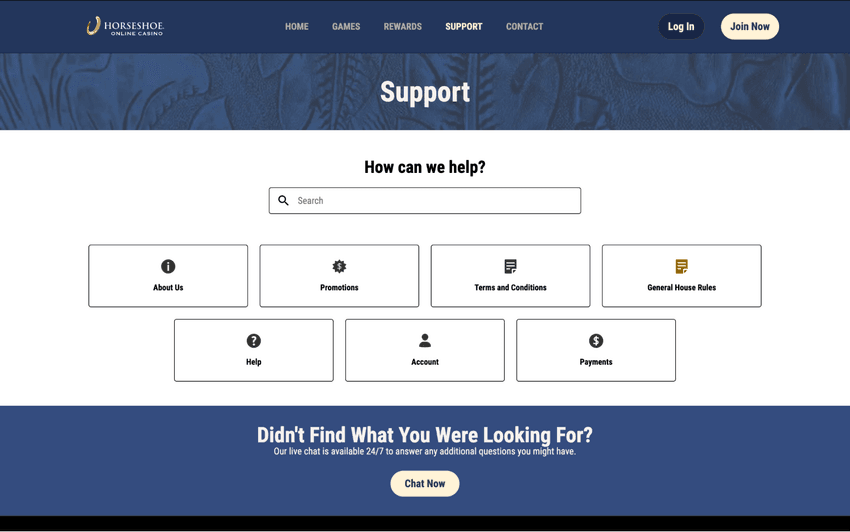 Customer support page at Horseshoe Online Casino West Virginia displaying help options and contact resources.