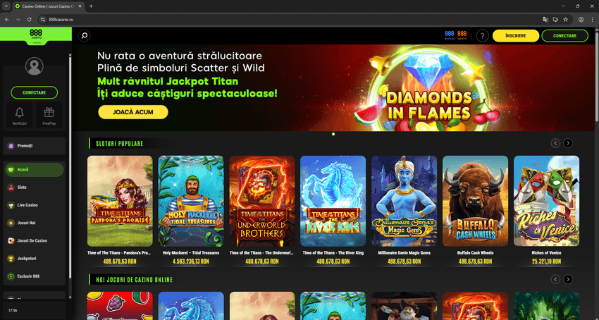 Interfața principală 888 Casino cu sloturi populare și jackpoturi