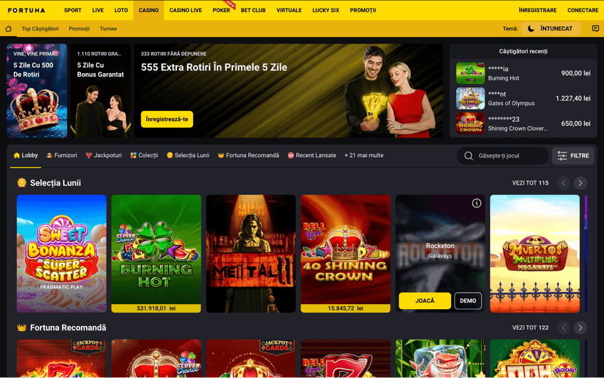Lobby casino Fortuna cu sloturi și jocuri populare
