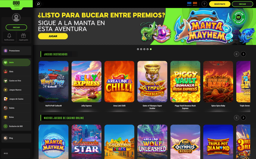 Página principal de 888Casino España – Slots y casino online Captura de la página principal de 888Casino España con promociones de bienvenida, juegos de slots destacados, casino en vivo, jackpots y banners publicitarios del casino online.
