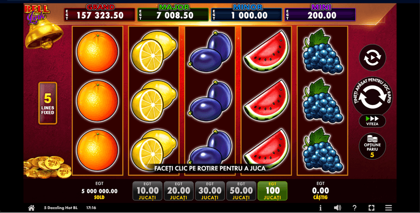 Interfața slotului 5 Dazzling Hot Bell Link de la EGT Digital cu jackpoturile Bell Link Grand, Major, Minor și Mini afișate în partea superioară