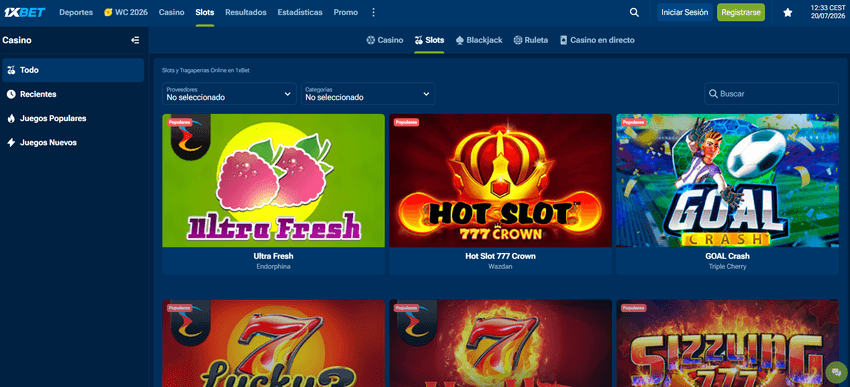 Catálogo de tragamonedas de 1xBet con filtros por proveedor, categorías y buscador de juegos.
