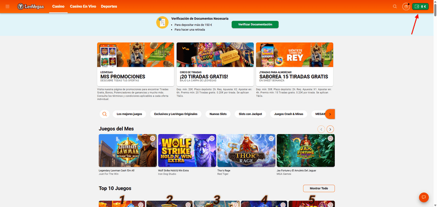 Captura del área de casino de LeoVegas España con acceso al cajero, promociones activas, juegos destacados y categorías de slots disponibles para jugadores registrados.