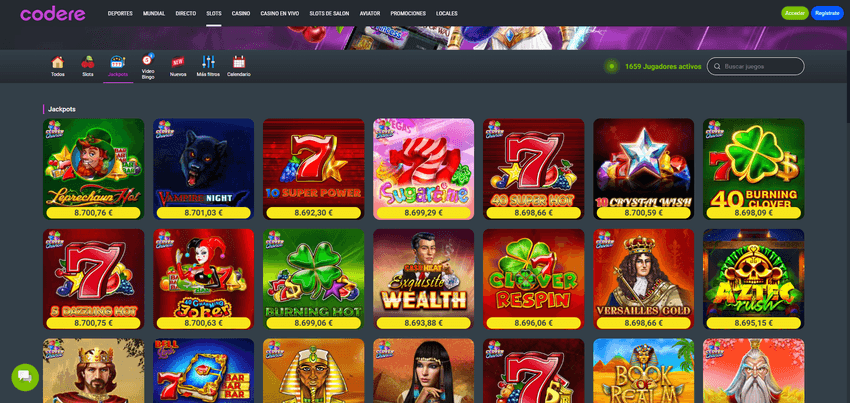 Jackpots progresivos en Codere Catálogo de tragaperras jackpot en Codere con premios progresivos visibles y juegos destacados.