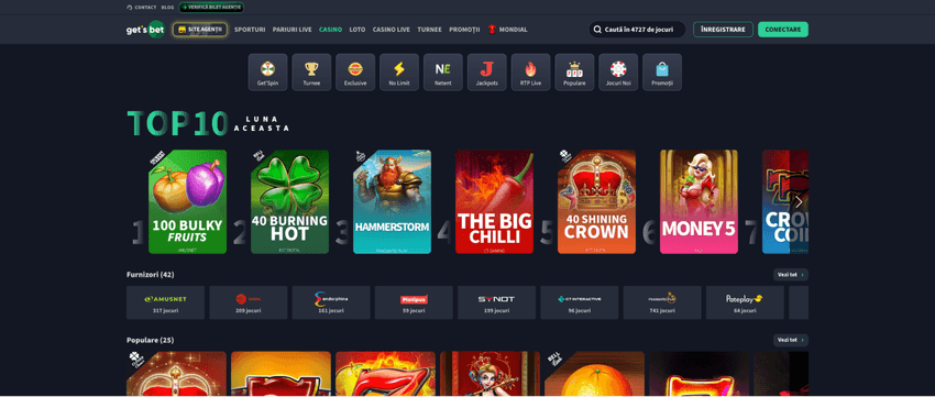 Lobby-ul GetsBet Casino cu jocuri populare și furnizori precum Amusnet, EGT Digital și Pragmatic Play