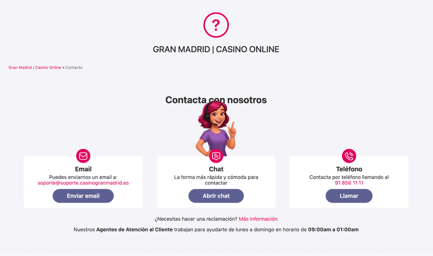 Página de contacto de Casino Gran Madrid con soporte por chat, teléfono y correo electrónico