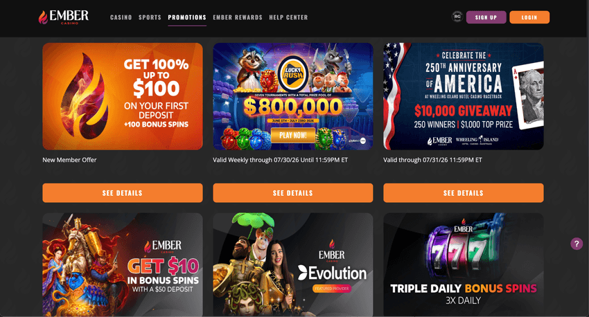 Ember Casino promotions page featuring the welcome bonus, tournaments, bonus spins, and seasonal campaigns.