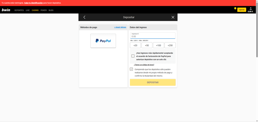 Depósito con PayPal en Bwin Depósito con PayPal en Bwin España mostrando importe, límites y confirmación de pago.