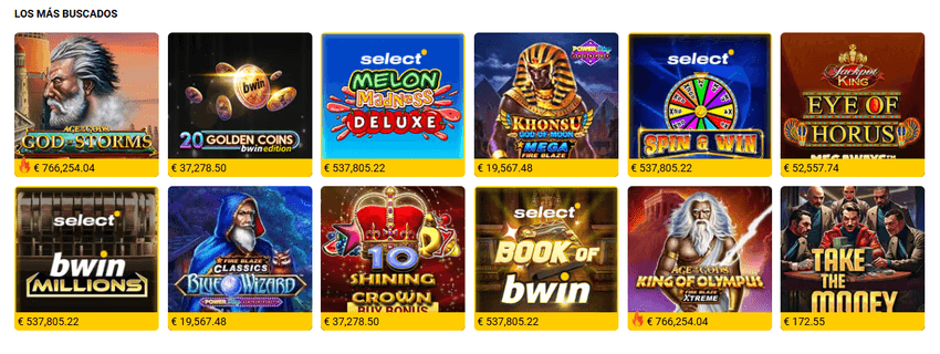 Sección de juegos en bwin con jackpots y premios acumulados visibles